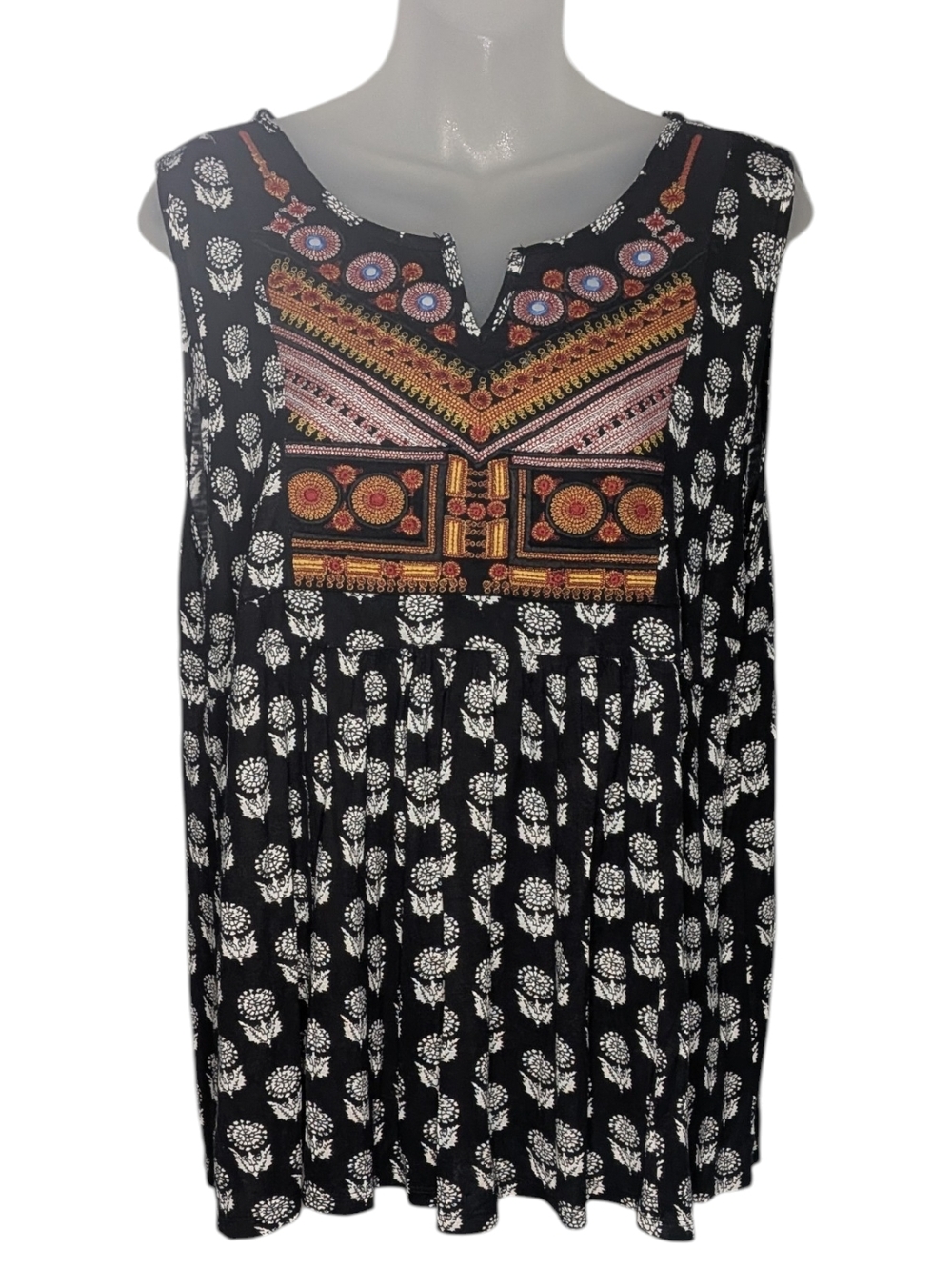 hazel By Anthropology Large Sleeveless Embroidered Babydoll Top Peasant Boho